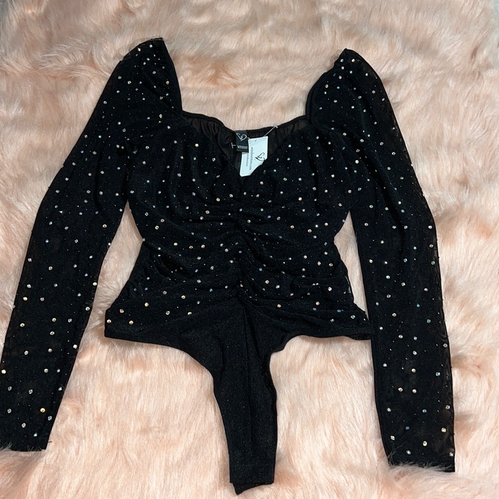 Windsor Black Long-Sleeve Rhinestone Ruched Bodysuit - Picture 6 of 7